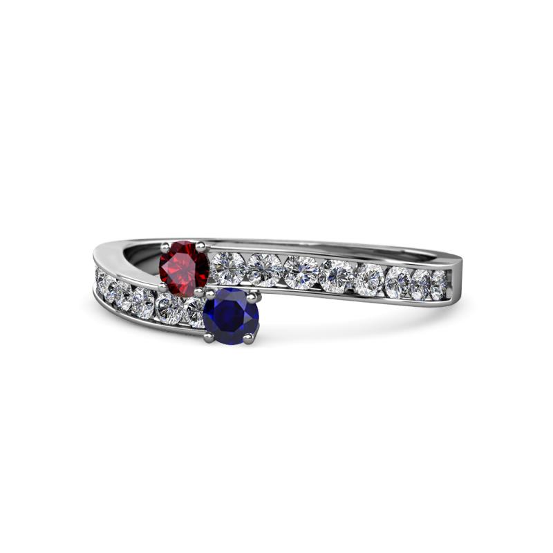 Orane Ruby and Blue Sapphire with Side Diamonds Bypass Ring 