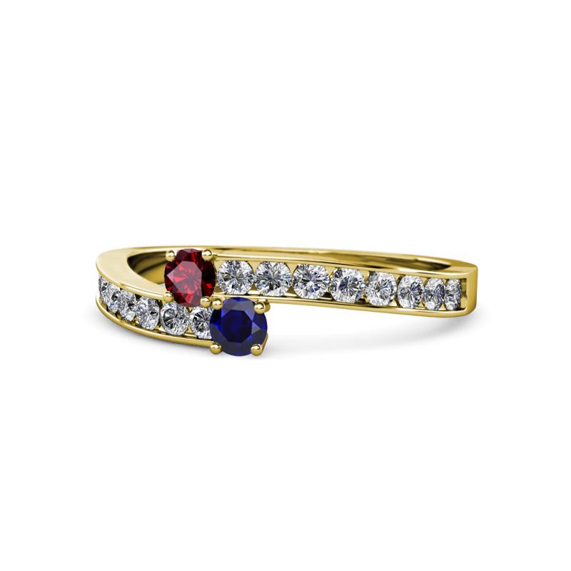 Orane Ruby and Blue Sapphire with Side Diamonds Bypass Ring 