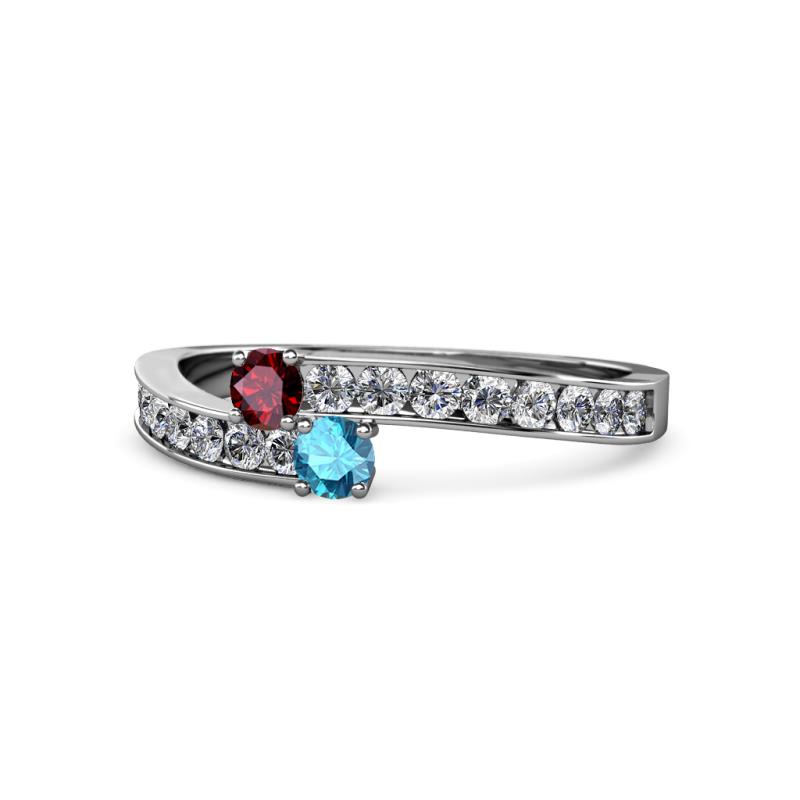 Orane Ruby and London Blue Topaz with Side Diamonds Bypass Ring 