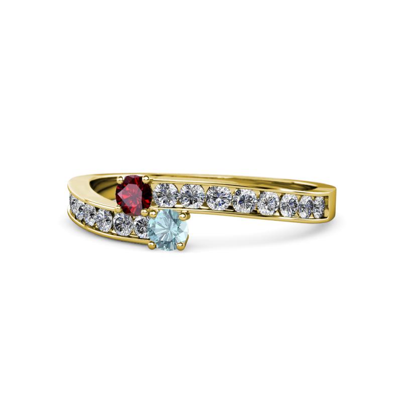 Orane Ruby and Aquamarine with Side Diamonds Bypass Ring 