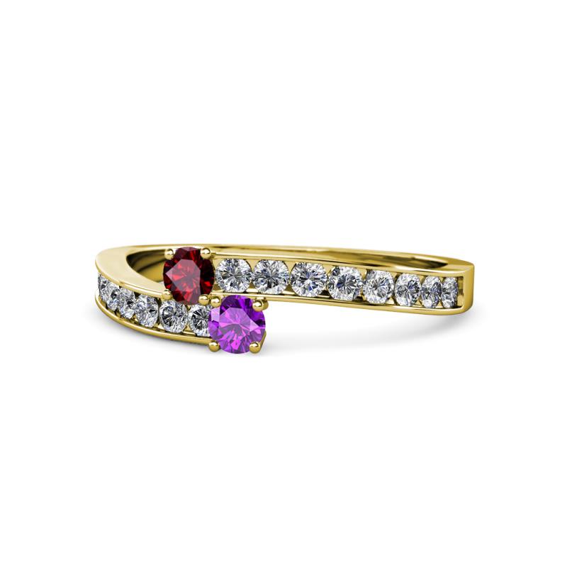 Orane Ruby and Amethyst with Side Diamonds Bypass Ring 