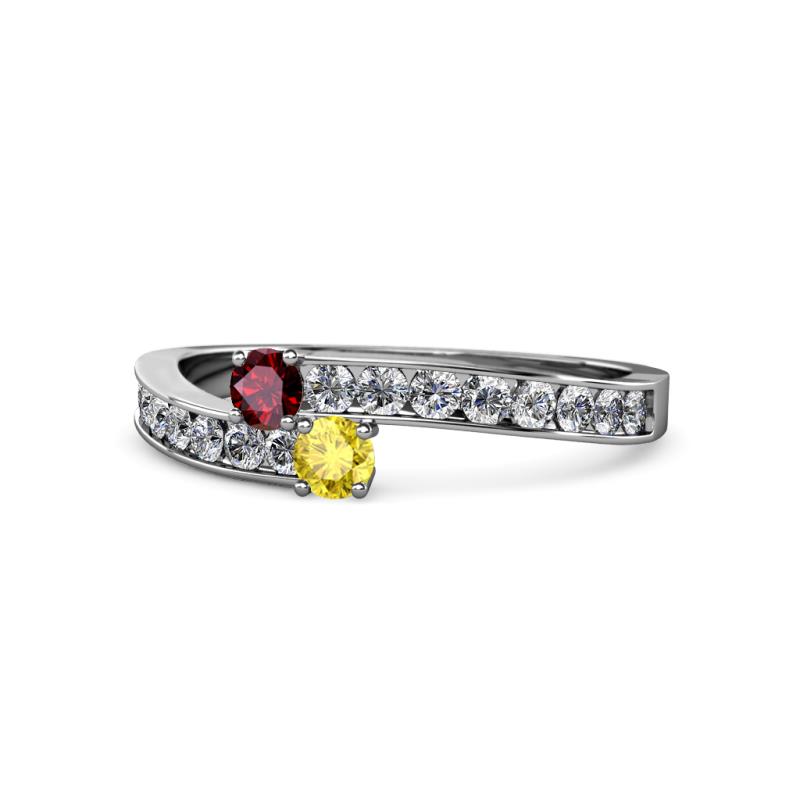 Orane Ruby and Yellow Sapphire with Side Diamonds Bypass Ring 