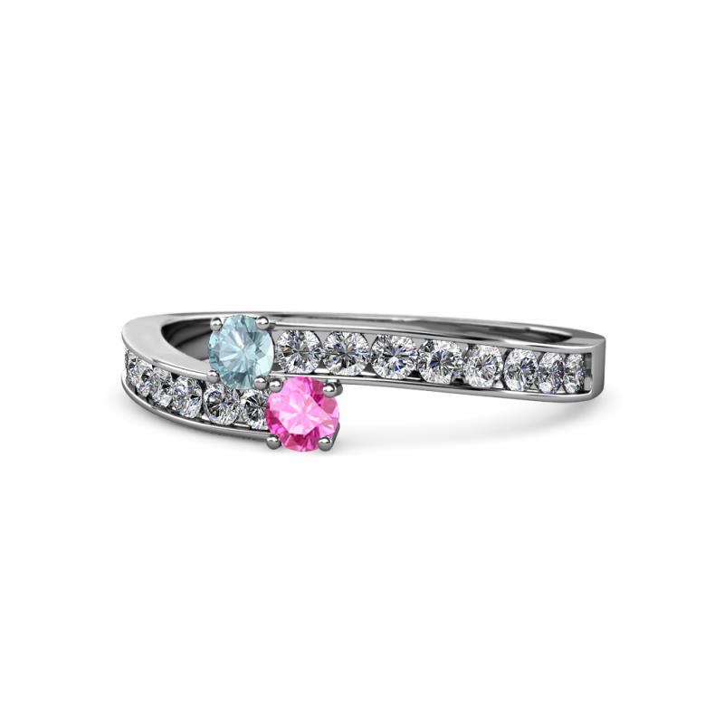 Orane Aquamarine and Pink Sapphire with Side Diamonds Bypass Ring 