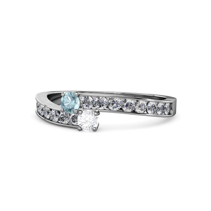 Orane Aquamarine and White Sapphire with Side Diamonds Bypass Ring 