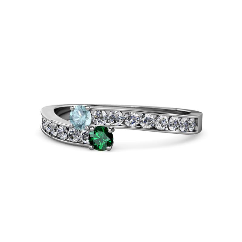Orane Aquamarine and Emerald with Side Diamonds Bypass Ring 