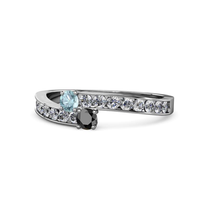 Orane Aquamarine and Black Diamond with Side Diamonds Bypass Ring 