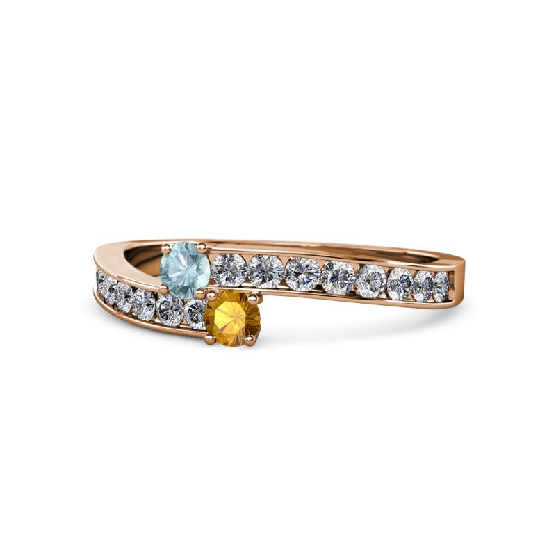 Orane Aquamarine and Citrine with Side Diamonds Bypass Ring 