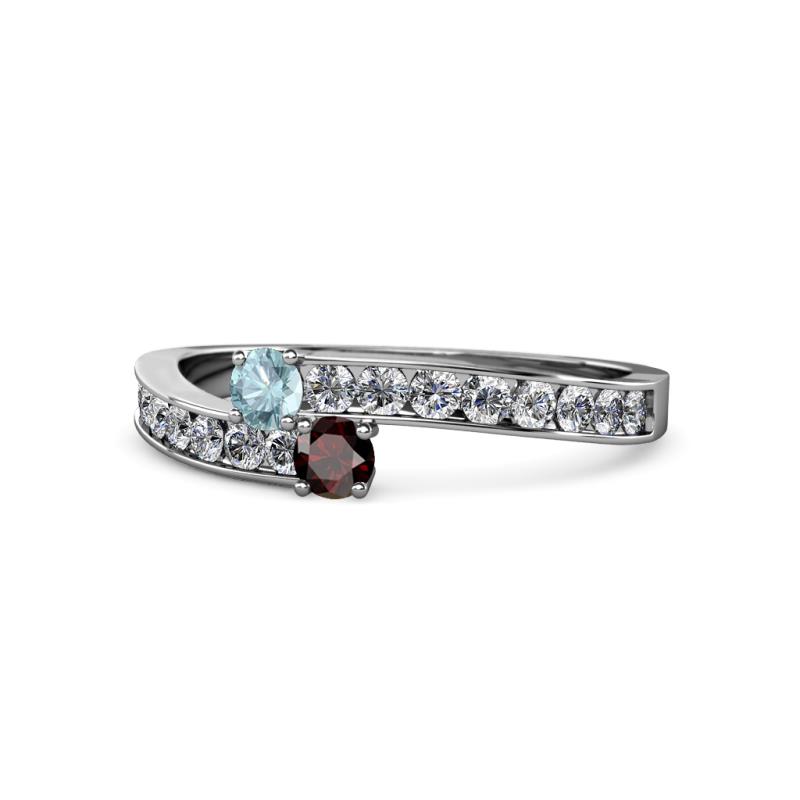 Orane Aquamarine and Red Garnet with Side Diamonds Bypass Ring 