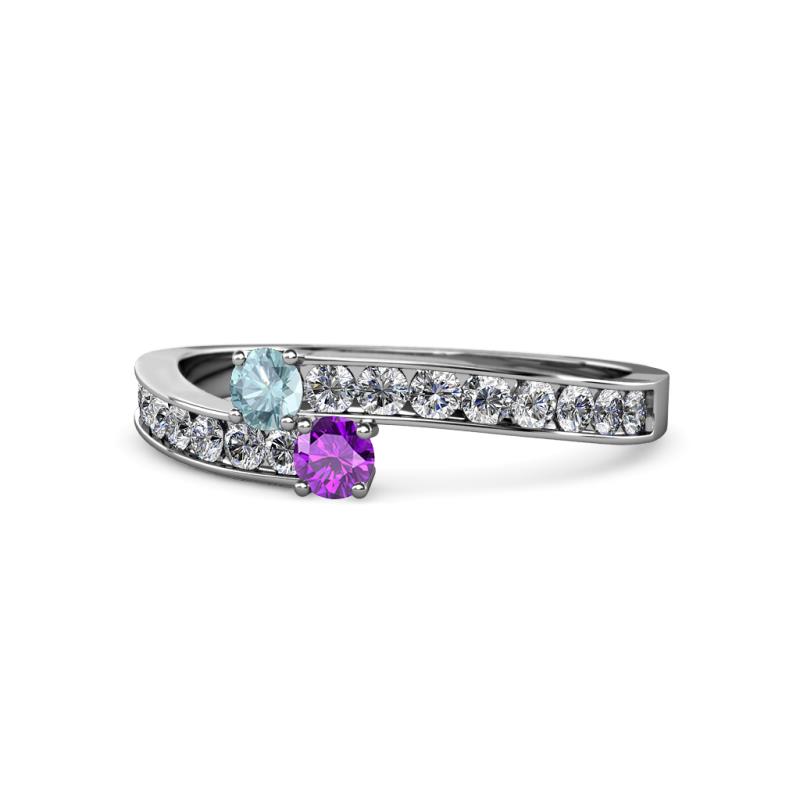 Orane Aquamarine and Amethyst with Side Diamonds Bypass Ring 