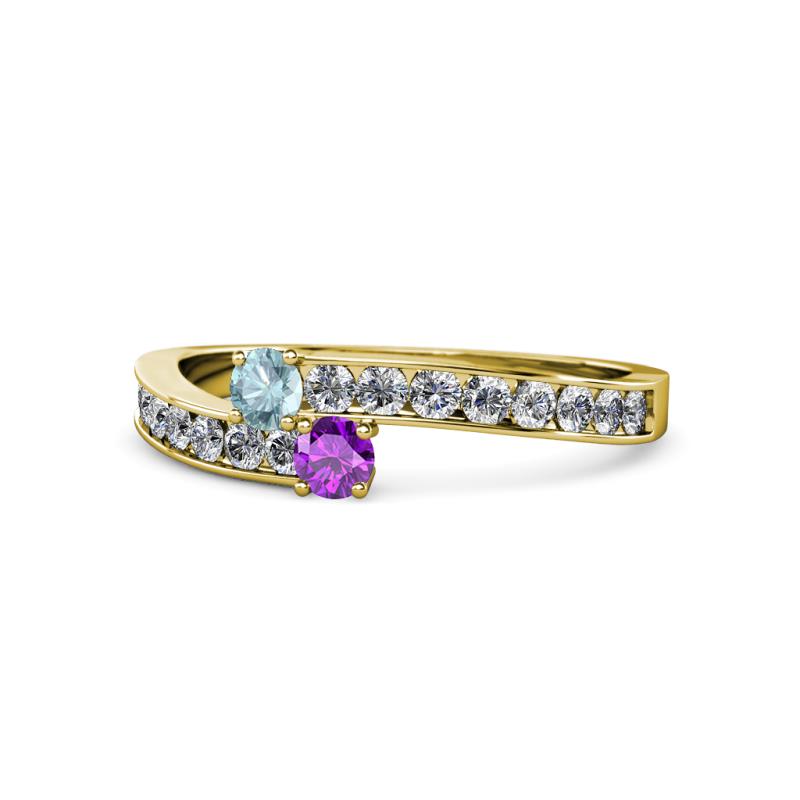 Orane Aquamarine and Amethyst with Side Diamonds Bypass Ring 
