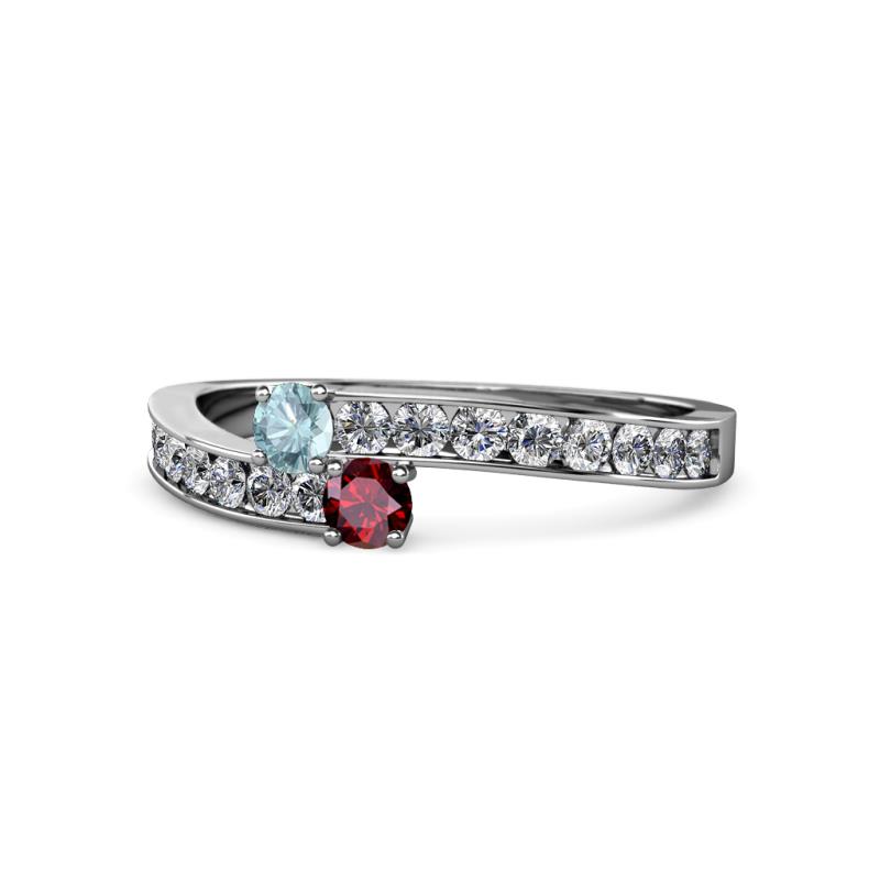 Orane Aquamarine and Ruby with Side Diamonds Bypass Ring 
