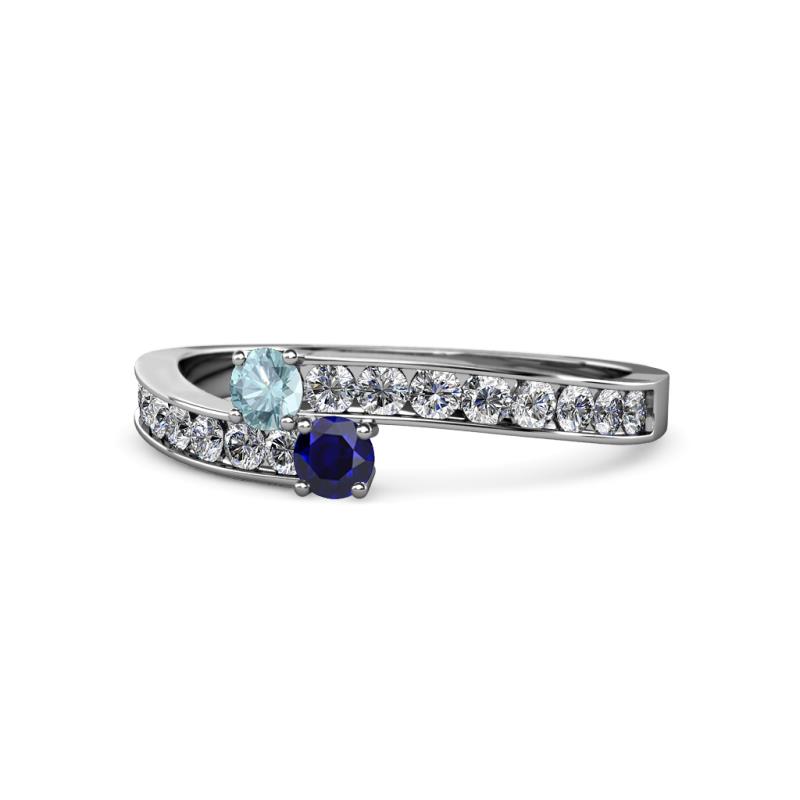 Orane Aquamarine and Blue Sapphire with Side Diamonds Bypass Ring 