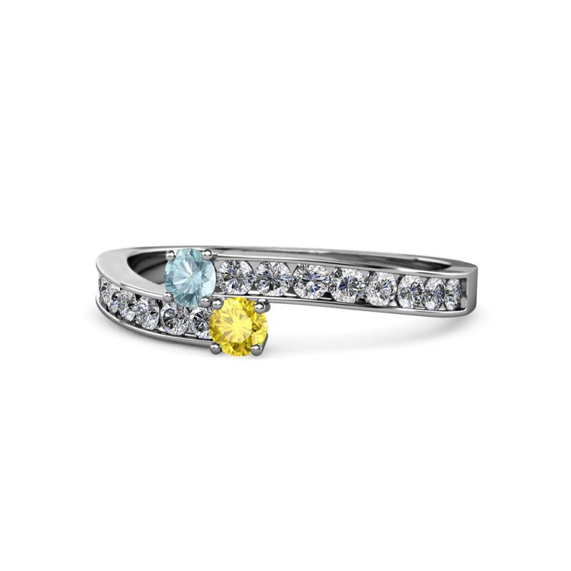 Orane Aquamarine and Yellow Sapphire with Side Diamonds Bypass Ring 