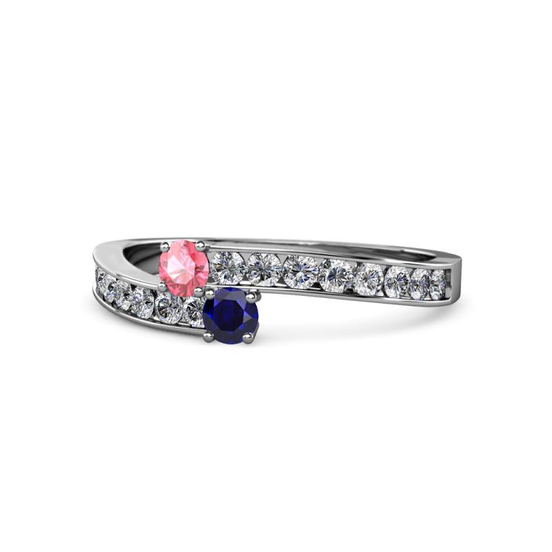 Orane Pink Tourmaline and Blue Sapphire with Side Diamonds Bypass Ring 