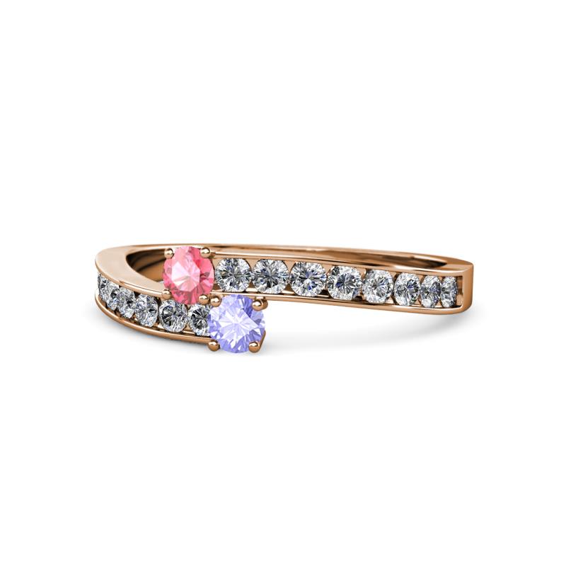 Orane Pink Tourmaline and Tanzanite with Side Diamonds Bypass Ring 