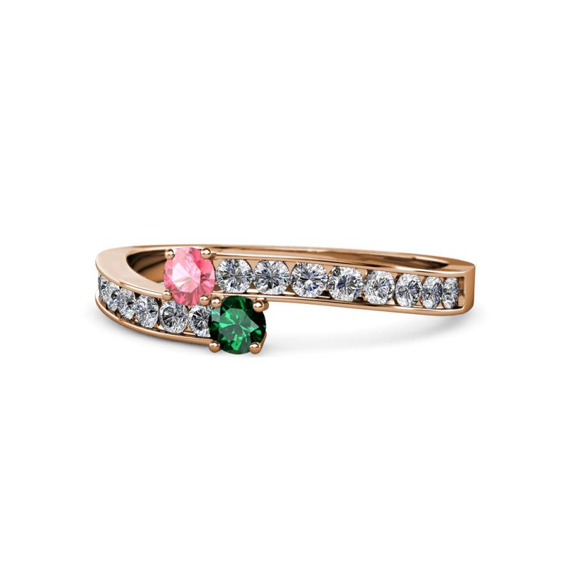 Orane Pink Tourmaline and Emerald with Side Diamonds Bypass Ring 