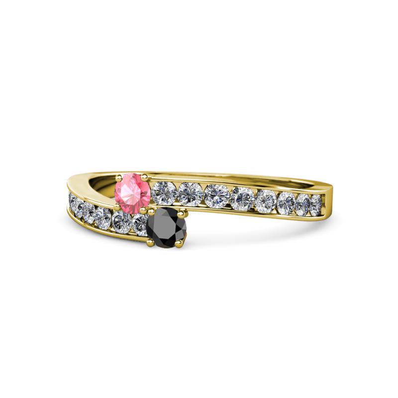 Orane Pink Tourmaline and Black Diamond with Side Diamonds Bypass Ring 
