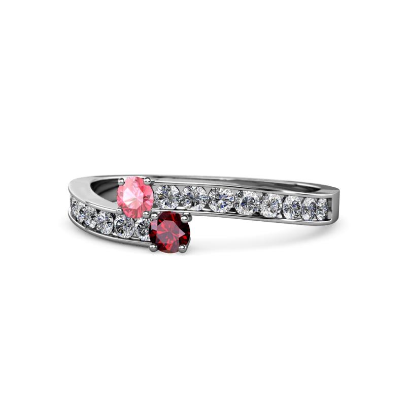 Orane Pink Tourmaline and Ruby with Side Diamonds Bypass Ring 
