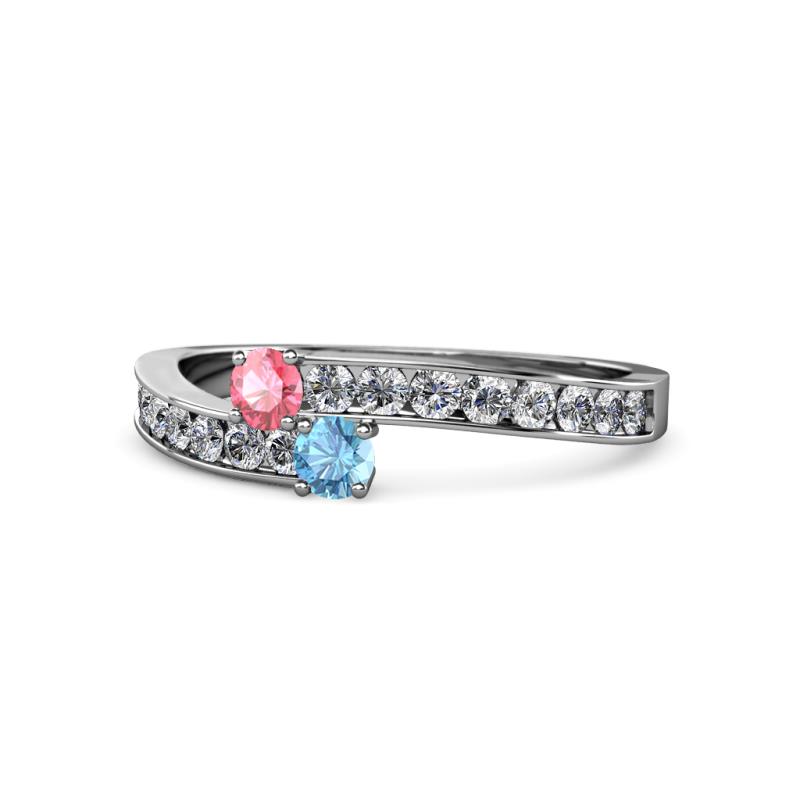 Orane Pink Tourmaline and Blue Topaz with Side Diamonds Bypass Ring 