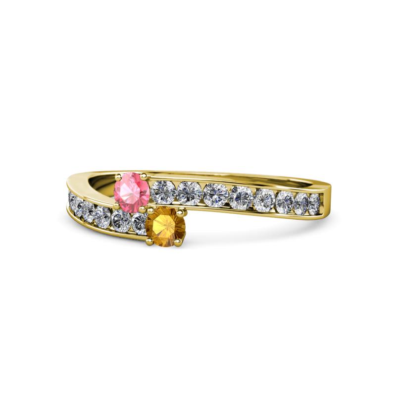 Orane Pink Tourmaline and Citrine with Side Diamonds Bypass Ring 