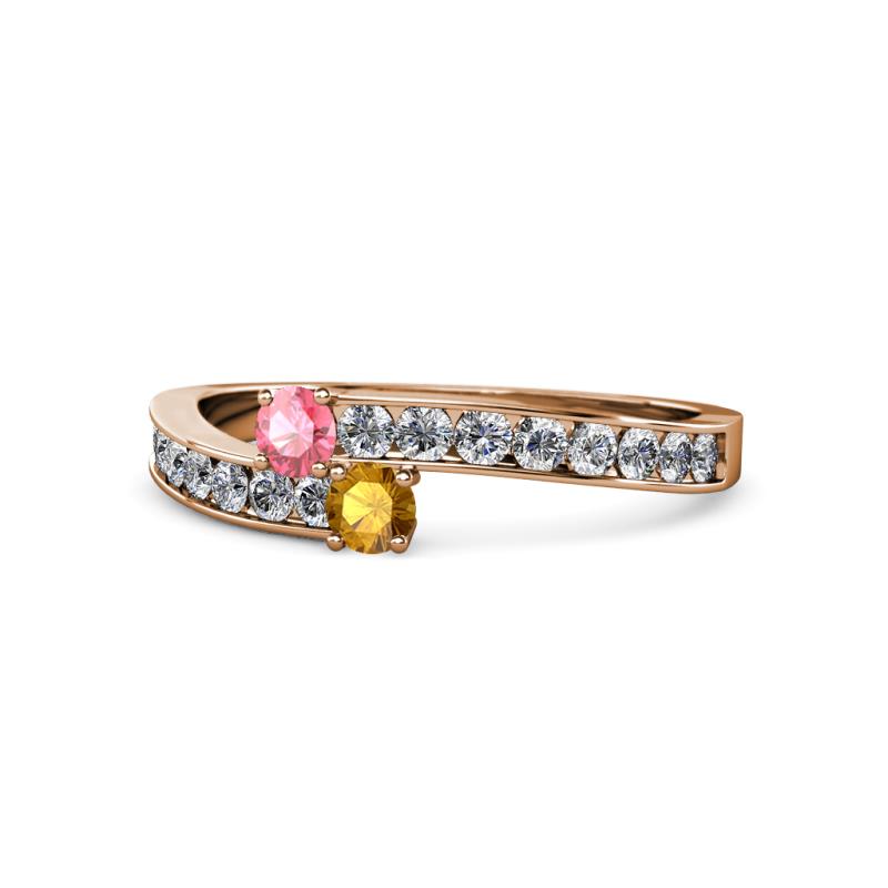 Orane Pink Tourmaline and Citrine with Side Diamonds Bypass Ring 