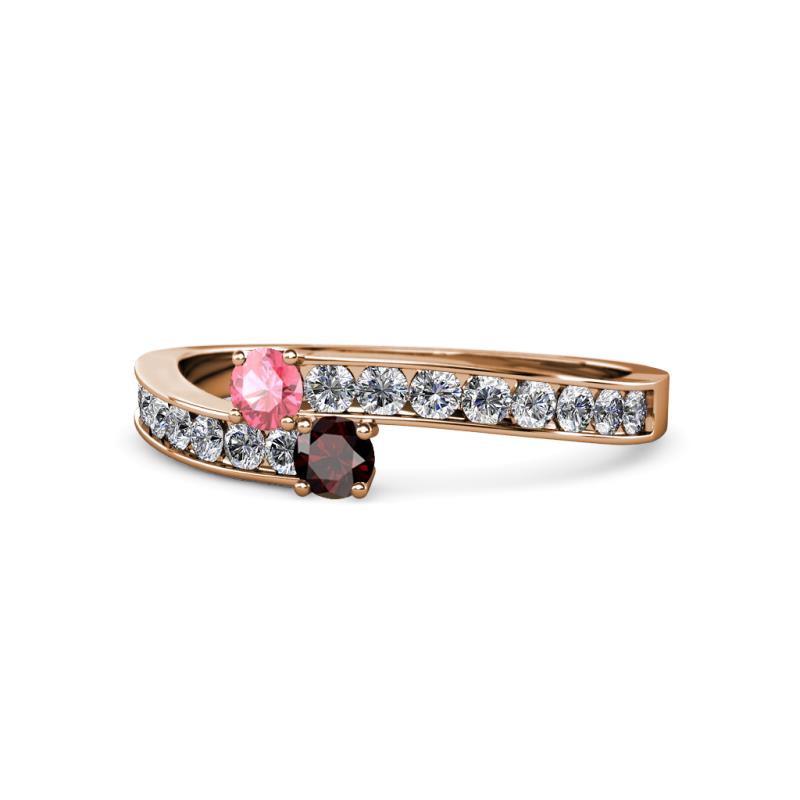 Orane Pink Tourmaline and Red Garnet with Side Diamonds Bypass Ring 