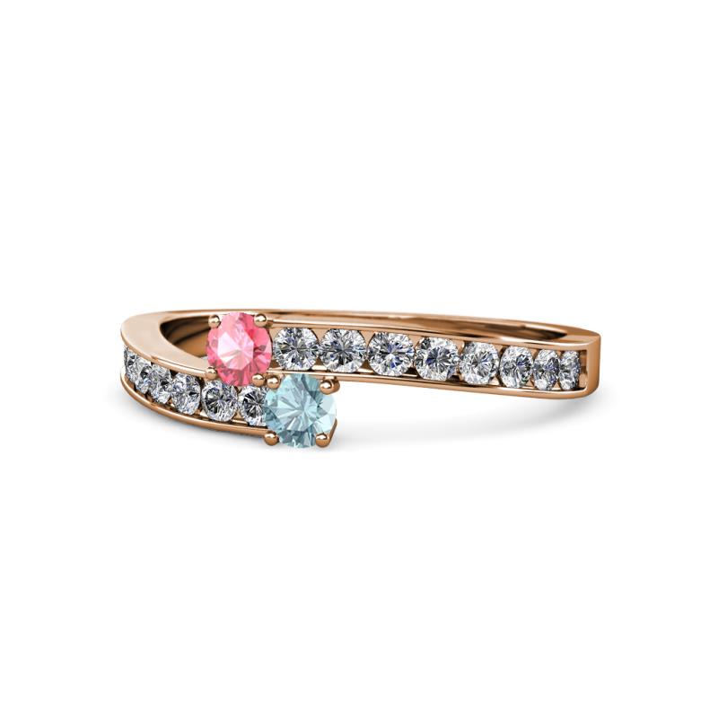 Orane Pink Tourmaline and Aquamarine with Side Diamonds Bypass Ring 