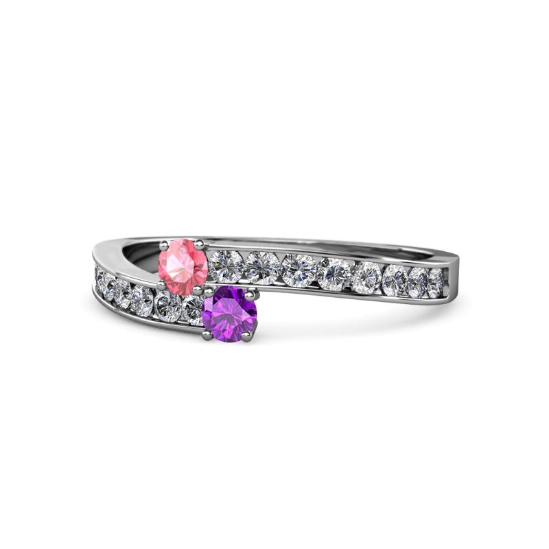 Orane Pink Tourmaline and Amethyst with Side Diamonds Bypass Ring 