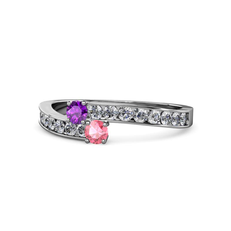 Orane Amethyst and Pink Tourmaline with Side Diamonds Bypass Ring 