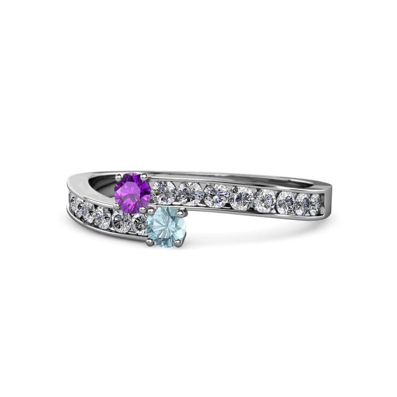Orane Amethyst and Aquamarine with Side Diamonds Bypass Ring 