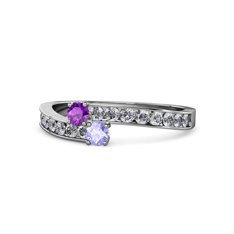 Orane Amethyst and Tanzanite with Side Diamonds Bypass Ring 
