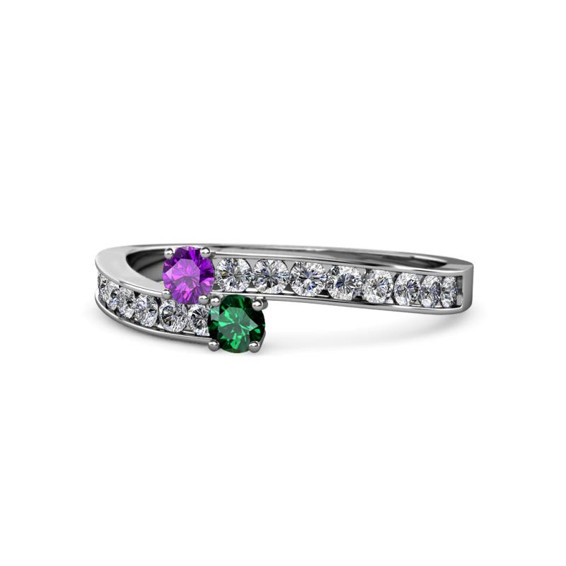 Orane Amethyst and Emerald with Side Diamonds Bypass Ring 