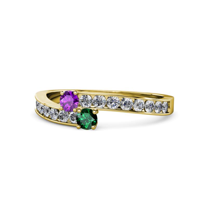 Orane Amethyst and Emerald with Side Diamonds Bypass Ring 