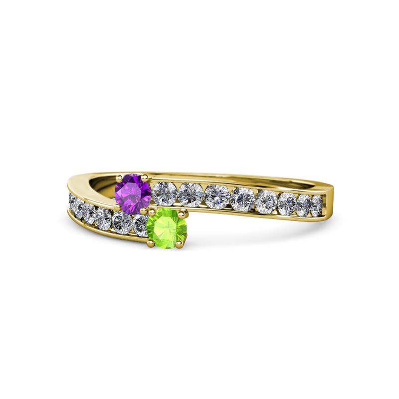 Orane Amethyst and Peridot with Side Diamonds Bypass Ring 