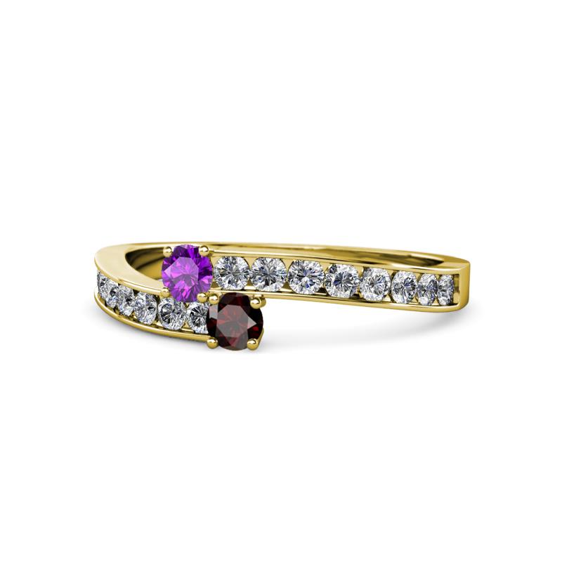 Orane Amethyst and Red Garnet with Side Diamonds Bypass Ring 