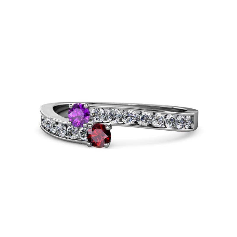 Orane Amethyst and Ruby with Side Diamonds Bypass Ring 