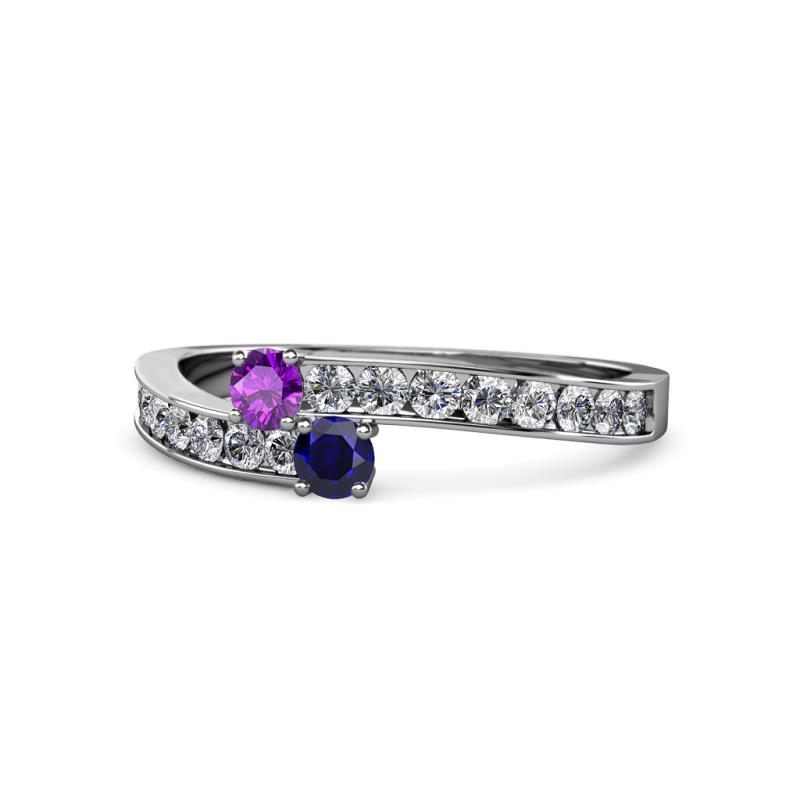 Orane Amethyst and Blue Sapphire with Side Diamonds Bypass Ring 