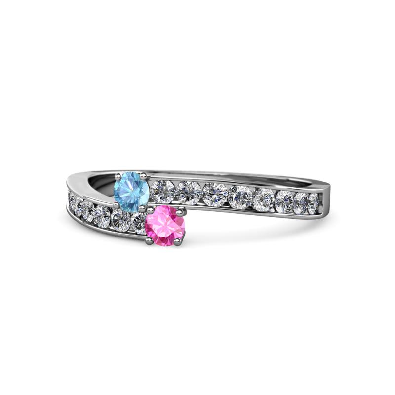 Orane Blue Topaz and Pink Sapphire with Side Diamonds Bypass Ring 