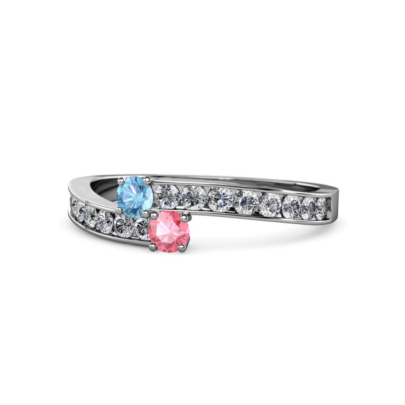 Orane Blue Topaz and Pink Tourmaline with Side Diamonds Bypass Ring 