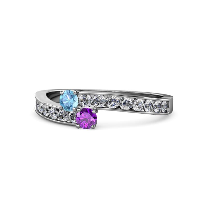 Orane Blue Topaz and Amethyst with Side Diamonds Bypass Ring 