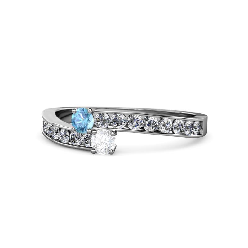 Orane Blue Topaz and White Sapphire with Side Diamonds Bypass Ring 