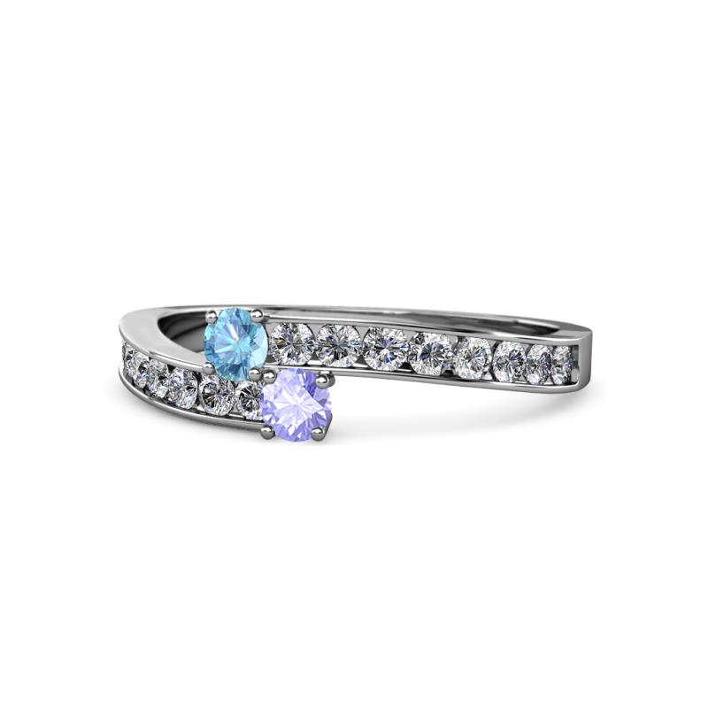 Orane Blue Topaz and Tanzanite with Side Diamonds Bypass Ring 