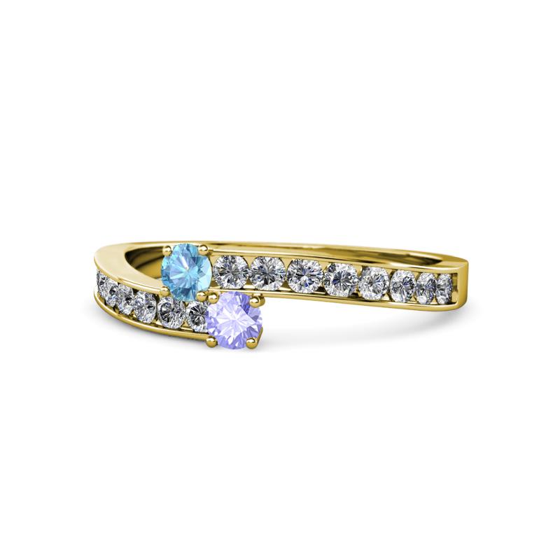 Orane Blue Topaz and Tanzanite with Side Diamonds Bypass Ring 