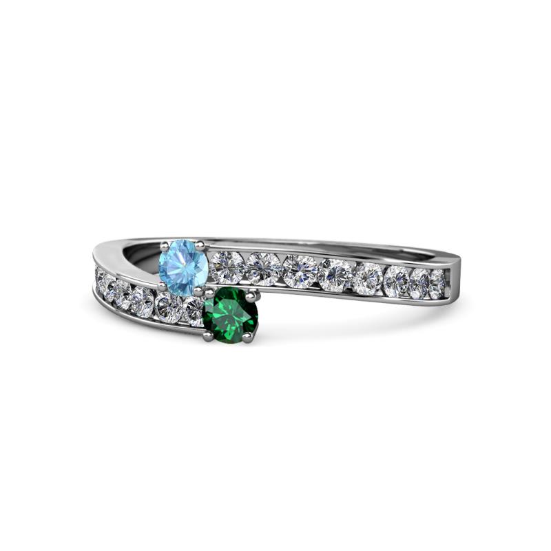 Orane Blue Topaz and Emerald with Side Diamonds Bypass Ring 