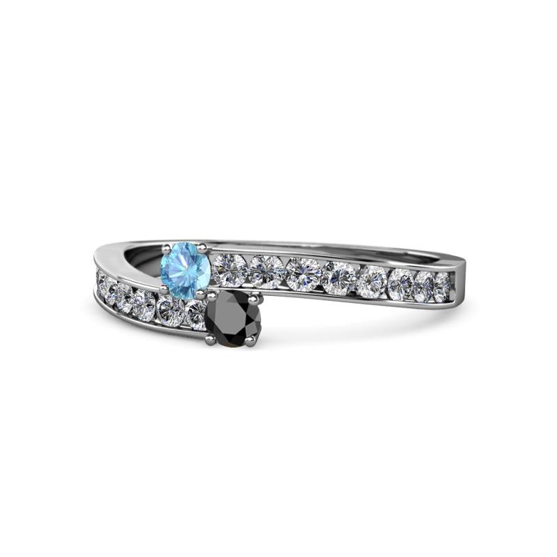 Orane Blue Topaz and Black Diamond with Side Diamonds Bypass Ring 
