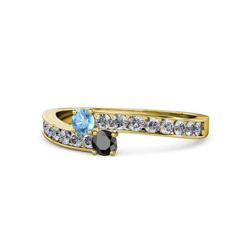 Orane Blue Topaz and Black Diamond with Side Diamonds Bypass Ring 