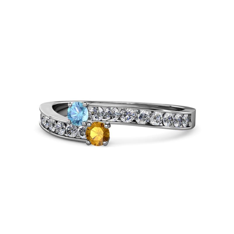 Orane Blue Topaz and Citrine with Side Diamonds Bypass Ring 