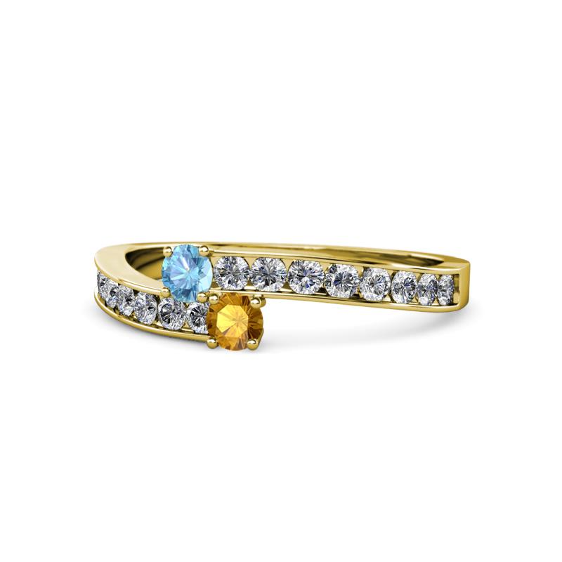 Orane Blue Topaz and Citrine with Side Diamonds Bypass Ring 