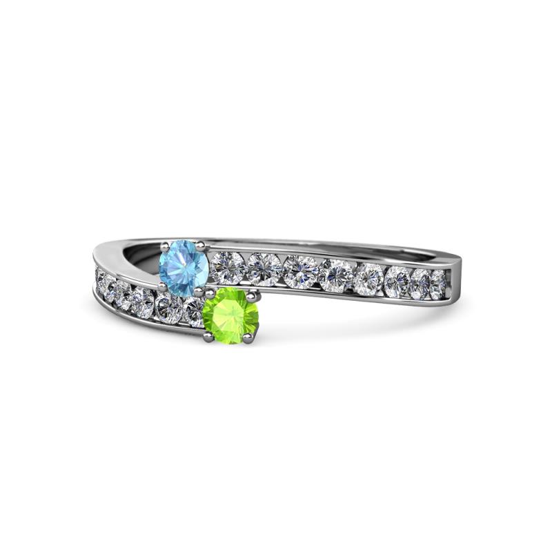 Orane Blue Topaz and Peridot with Side Diamonds Bypass Ring 