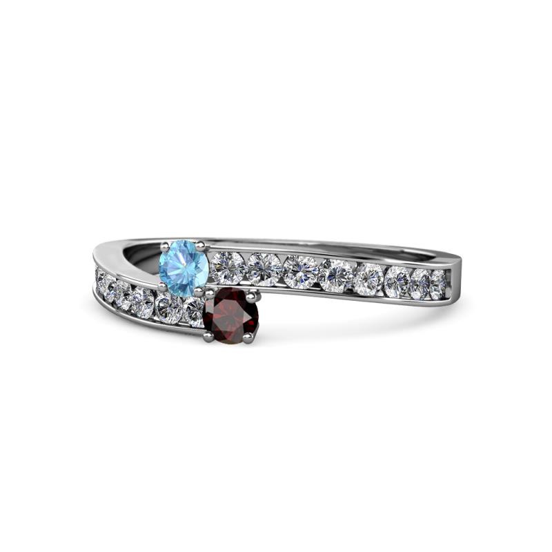 Orane Blue Topaz and Red Garnet with Side Diamonds Bypass Ring 